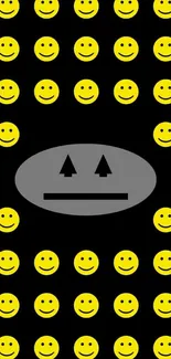 Mobile wallpaper with yellow smiley faces on a black background.