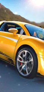 Yellow sports car with scenic mountain backdrop and sunlight.