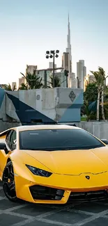 Yellow sports car set against a vibrant city skyline, showcasing luxury and speed.