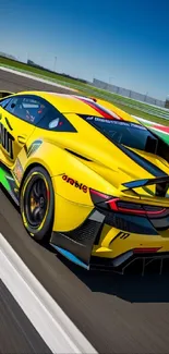 Yellow sports car racing on a track with vibrant colors and dynamic design.