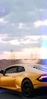 Yellow sports car on a desert road with a cloudy sky above.