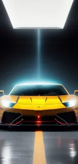 Yellow sports car in sleek futuristic setting with glowing lights.