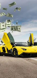 Yellow supercar with open doors on a scenic road.