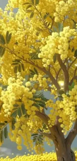 A vibrant yellow tree in full bloom against a peaceful backdrop.