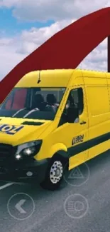 Yellow van on road with blue sky, red bridge in background.