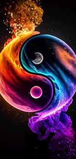 Vibrant yin yang wallpaper with cosmic colors and artistic design.