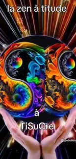 Vibrant cosmic Yin Yang art with hands.