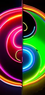 Vibrant neon Yin Yang design with contrasting colors.