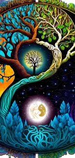 Colorful yin-yang tree art wallpaper with vibrant hues.