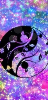 Vibrant Yin Yang with cosmic background and floral accents.