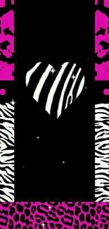 Vibrant zebra heart wallpaper with pink and black animal prints.