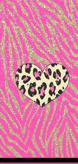 Pink zebra print wallpaper with leopard heart design.