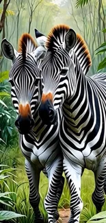 Two zebras standing in a lush jungle setting with green foliage.