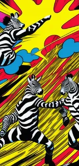 Dynamic pop art zebras in vibrant colors.