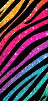 Colorful glitter zebra stripe wallpaper with rainbow hues.