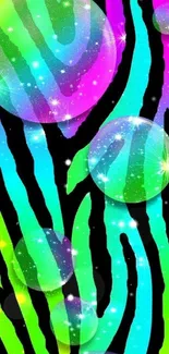 Vibrant neon zebra stripes with glowing bubbles design.