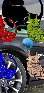 Colorful zodiac creatures with a sleek car backdrop on mobile wallpaper.