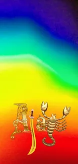 Colorful wallpaper with a zodiac scorpion on a rainbow gradient background.