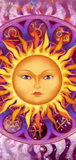 Mystical sun and zodiac symbols wallpaper with vibrant purple and orange hues.