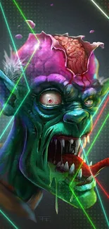 Vivid zombie head art in green and pink on dark background.