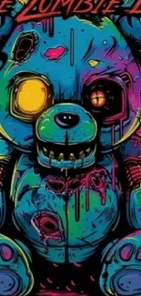 Vibrant zombie teddy bear art wallpaper with neon colors.