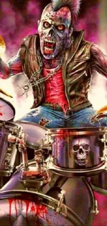 Dynamic and colorful zombie drummer playing drums in edgy art design.