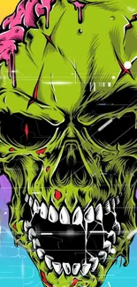 Vibrant neon zombie skull illustration with bright colors.