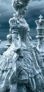 Victorian lady in elegant dress with chess pieces, surreal scene.