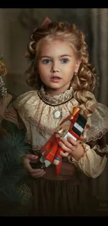 Victorian girl holding a nutcracker in a Christmas setting.