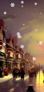 Victorian Christmas street scene with warm yellow lighting.