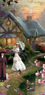 Victorian ladies in front of a picturesque cottage and serene pond.