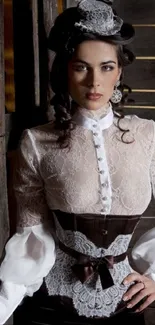 Woman in Victorian lace outfit against dark backdrop.