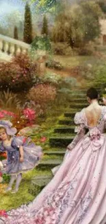 Victorian garden scene with elegant women in dresses.