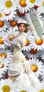 Vintage dressed lady amidst daisies floral design wallpaper.