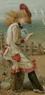 Victorian painting of a lady reading by the beach.