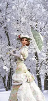 Victorian lady with parasol in snowy winter forest scene.