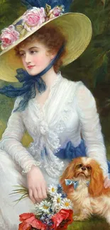 Victorian lady in white dress with hat and dog in a lush garden setting.