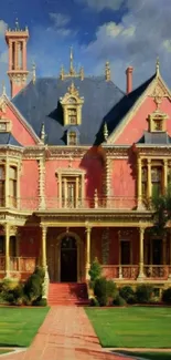 Victorian mansion with coral facade and lush greenery under a clear blue sky.