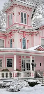 Victorian pink house in snowy landscape, elegant winter wallpaper.