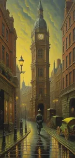 Victorian street scene with clock tower at dusk.