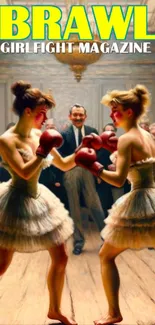 Two women boxing in Victorian attire artwork.