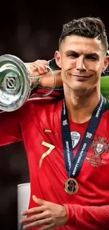 Soccer player in red jersey holds a silver trophy in triumphant pose.