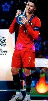 Football champion holding UEFA Nations League trophy in celebration.