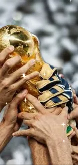 Wallpaper of hands holding a golden trophy in victory.