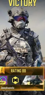 Victory scene in Call of Duty Mobile with three characters in tactical gear.