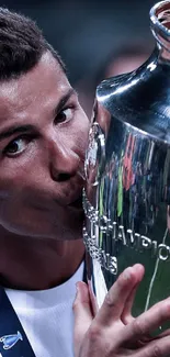 Footballer celebrating victory with trophy kiss.