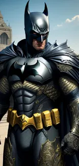 Vigilante knight in dark blue armor with Gothic background.