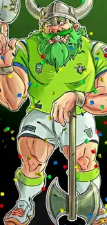 Cartoon Viking holding football in green jersey with confetti background.