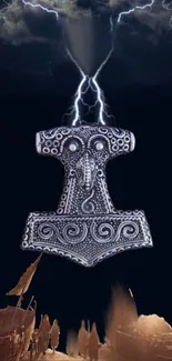 Viking hammer with lightning in stormy sky wallpaper.