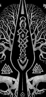 Intricate black and white Norse mythology design with wolves and trees.